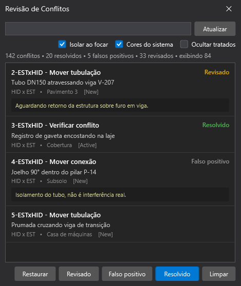 Painel de revisão de conflitos